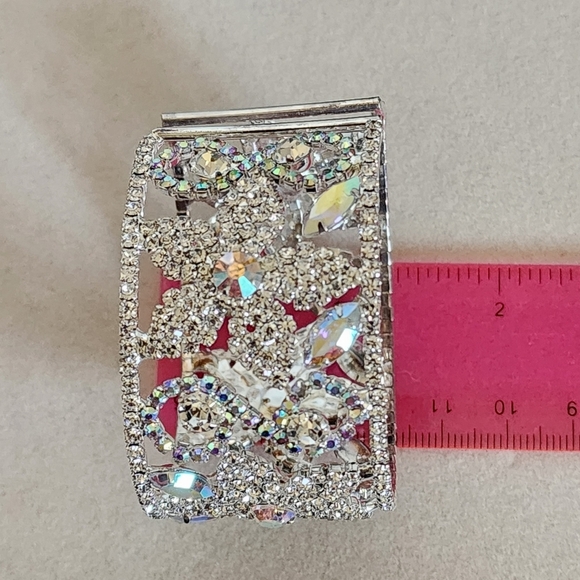 Silver Open Cuff Glam Bracelet Iridescent and Clear Crystal Design - Picture 7 of 8
